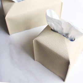 Tissue Box Cover Holder, Square with Bottom Belt by Carrot's Den - PU Leather Decorative Organizer for Tabletop, Bathroom, Car, Office (Beige)