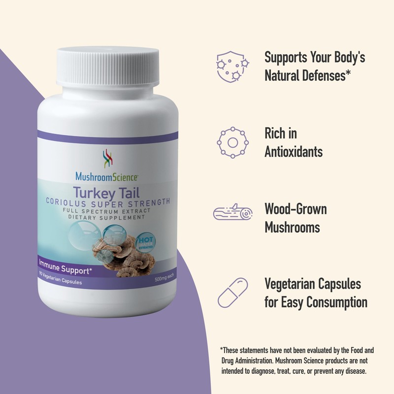 MushroomScience Turkey Tail Mushroom Capsules, Coriolus Super Strength, Natural Mushroom