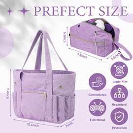 Bulyoou 2 Pcs Crochet Bag and Tote Set Corduroy Yarn Bag Crochet Tote Bag for Crochet Hooks Organizer Yarn Holder for Crochet Lovers Knitting Bag Crochet Accessories(Purple)