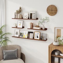 Axeman Picture Ledge Shelf | 16 Inch Walnut Floating Shelves Set of 3 | Rustic Wood Wall Shelves with Lip | 16" Walnut Picture Shelf for Wall with Ledge | Photo Shelves