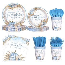 AIBIIN 350Pcs Fall Pumpkin Baby Shower Decorations for Boys, Boho Floral Pampas Grass Little Pumpkin Party Supplies Disposable Tableware Set Plates Napkins for Baby Shower