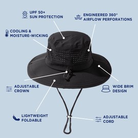 TOP-EX Mens Sun Hat Black XL/XXL - SPF 50 Bucket Foldable Lightweight Boonie Hat Safari Hiking Fishing Outdoor Gardening Festival Adjustable Large Head Size