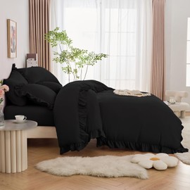 Horbaunal 5 Pcs Black Ruffle Duvet Cover Full Size Soft Microfiber Shabby Chic Ruffled Duvet Cover Set, Vintage French Country Ruffle Bedding Set with Zipper Closure & Corner Ties, 80" x 90"