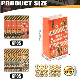 JJUNW 12PCS Construction Party Gift Bags, Digger Truck Construction Theme Gift Candy Bags Boys Birthday Party Supplies wif 18 Stickers, for Kids Birthday Party Packaging Gifts