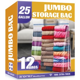 25 Gallon Jumbo Storage Bags, 35" x 24" Clear Plastic Zipper Bags with Handles, Extra Heavy Duty Large XL for Travel, Moving, Clothing, 12 Packs