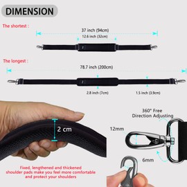 79 inch Shoulder Strap, Extra-Thick Fixed Cushion Pad and Dual Clasps Universal Replacement Strap with Metal Swivel Hooks for Laptop Bags, Luggage Bags, Camera, Crossbody (200cm,Black)