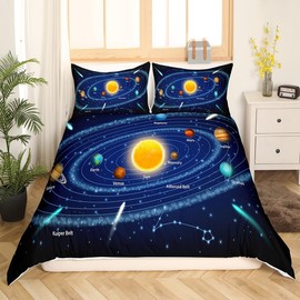 Outer Space Bedding Set Single Solar System Duvet Cover for Girls Boys Universe Themed Comforter Cover, Outer Space Blue Galaxy Bedding for Teens Kids Space Planet Bedspread Cover with 1 Pillowcase