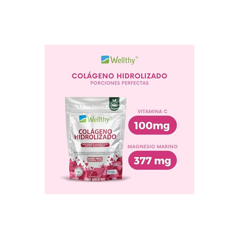 Wellthy Colágeno Hidrolizado Vitamina Magnesio Marino 360g Sabor Fresa Sugar