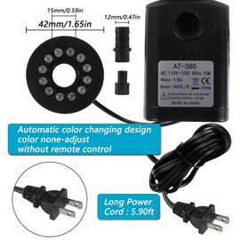 AITIAO 15W 220 GPH Submersible Fountain Water Pump Ultra Quiet Adjustable Pump (800L/H) with 12 Colorful Automatic Color Changing LED Lights for Water Feature Aquarium fish tanks Outdoor Fountain