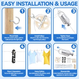 Clothesline Kit Outdoors, Clothes Line Pulley Kit, 164ft Polyester Clothes Line Rope Outdoors Heavy Duty, Clothesline Pulley Kit with S Separator Spreaders, Rope Tightener, Hook for Outdoor Clothes