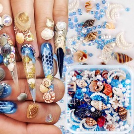 Ocean Nail Charms Summer Sea Nail Charms Nails Accessories Flatback Rhinestones Beads Shell Nail Art Glitter Stones Nail Pendant Nail Design Glitter Rhinestones Summer Nail Art Charm Pendant (Blue)