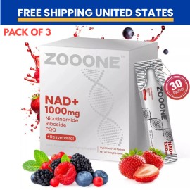 ZOOONE NR1000 NAD+ Drink Mix - Berry Flavor, Energy & Skin Support, 30 Pack-3pc