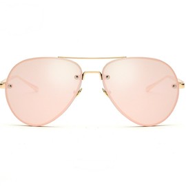 Freckles Mark Oversized Aviator Sunglasses Vintage Retro Gold Metal Frame Colorful Lenses 62mm (Reflective Pink)