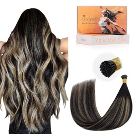 DOORES I Tip Hair Extensions Human Hair, Balayage Natural Black to Light Blonde 14 Inch 50g/100s, ITip Human Hair Extensions for Women Short Straight Remy Hair Extensions
