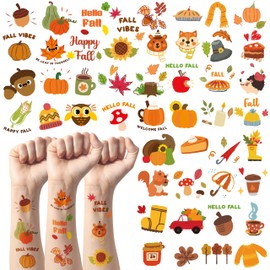 ANGOLIO 24Pcs Welcome Fall Doodles Temporary Tattoos for Kids - Autumn Animal Leaf Doodles Body Art Stickers, 2 Inch Non-Toxic Waterproof Seasonal Decals, Fall Party Favors Classroom Activity Supplies