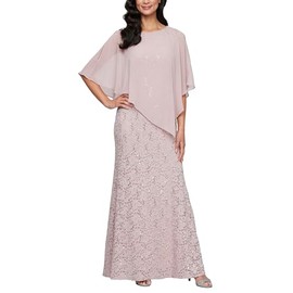S.L. Fashions Women's Long Length Sequin Lace Beaded Capelet Dress, Formal Evening Gown, (Petite and Regular Sizes), Blush