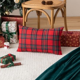 AQOTHES Pack of 2 Christmas Plaid Decorative Throw Pillow Covers Scottish Tartan Cushion Case for Farmhouse Home Holiday Decor Red and Green, 12 x 20 Inches