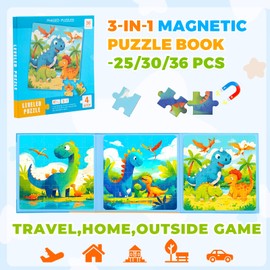 DQMOON Dinosaur Toys for Boys Age 3 4 5 6, Magnetic Puzzle for Kids with 25-30-36 Pieces Montessori Puzzle Game Travel Toys for Car Airplane Road Trip Birthday for Boys Girls Age 3+