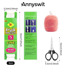 Annyswit 3 Pcs 5m Pva Mesh Refill with Scissors 25 & 37 mm Wide Pva Bags Carp Fishing Accessories Carp Fishing Mesh Bags Fast Melt Water Soluble Pva Mesh Bag for Boilie Bait Precise Feeding