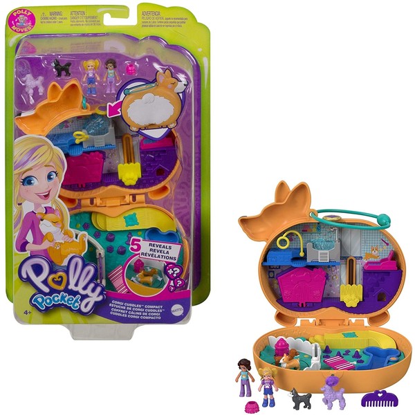 Polly Pocket Corgi Cuddles Compact with Pet Hotel Theme, Micro Polly & Shani Dolls, 2 Dog Figures (Poodle with Hair & Husky) Fun Features & Surprise Reveals, Great Gift for Ages 4 Years Old & Up