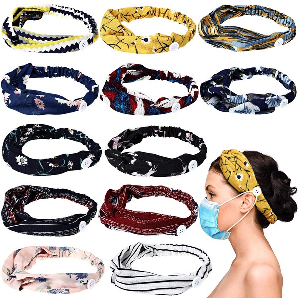 WILLBOND 12 Pieces Headbands with Buttons for Mask Women Button Hair Band for Nurses Doctor Protect Ears, Boho Stretchy Cross Knotted Headband Elastic Yoga Sports Headbands Non Slip Turban Headwrap