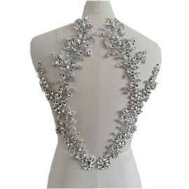 Handmade Rhinestones lace Trim Patches handsewing Beads Applique for Dress DIY Accessories (Silver)
