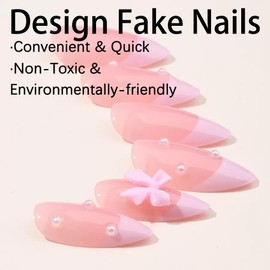 Medium Almond Press On Nails French Tip Fake Nails Bow With Pearl Design Pink False Nails Acrylic Artificial Full Cover Nails Glossy Glue On Nails Cute Stick On Nails For Women 24pcs