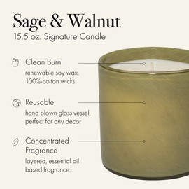 LAFCO New York Signature Candle, Sage & Walnut - 15.5 oz - 90-Hour Burn Time - Reusable, Hand Blown Glass Vessel - Made in The USA