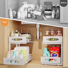mixeshop Under Sink Organizers and Storage, Pull Out Kitchen Cabinet Organizer, 2 Tier Slide Out Steel Under Sink Storage Shelf for Kitchen Pantry Bathroom, White 1 Pack
