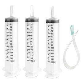 LNQ LUNIQI Spritze mit Langem Schlauch 150ml, 3 Stück Kunststoff Dosierspritze für Einlauf, Wiederverwendbare Industrielle Spritze Plastikspritze Futterspritze für Labor Handwerk Haustiere, Nein Nadel