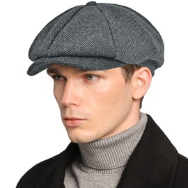 Mens Newsboy Cap High Woolen Tweed Gatsby Hat Ivy Cabbie Flat Golf Cap for Fathers Women Unisex Herringbone Dark Grey