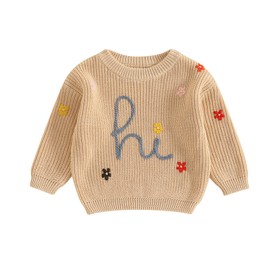 Toddler Infant Newborn Baby Girl Boy Sweater Hi Floral Knit Crewneck Sweatshirt Pullover Fall Winter Clothes (Khaki, 3-6 Months)