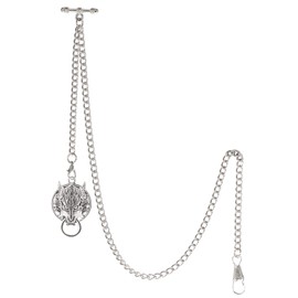 TREEWETO Men's Albert Chain Pocket Watch Curb Link Key Chain 2 Hooks with Antique Wolf Silver Pendant Design Charm Fob T Bar