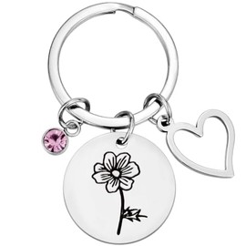 Reizteko Birth Flower Dainty Hand Stamped Flower with Heart Charm & Birthday Stone keychain Birthday Gift Mother's Day Gift (Oct-cosmos Key)