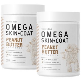Omega for Dogs - 360 Delicious Soft Chews - Salmon Oil Treats for Skin and Coat, Itch Relief - Fish Oil Blend of Omega 3, 6, and 9, and Vitamins - Peanut Butter Flavor (2 Packs of 180)