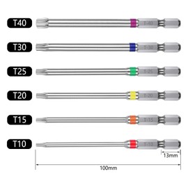 OIENNI T10-T40 Torx Screw Bit Set, 6 Pieces, 3.9 inches (100 mm), Single Head Torx, Hex Shaft, 0.25 inches (6.35 mm), Magnetic Screwdriver Bit Set, 3.9 inches (100 mm) - 6 Pcs