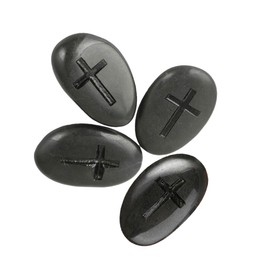 mookaitedecor 4pcs Small Natural Black Stones Engraved with Cross Pocket Gratitude Stones Christian Gift, Small Inspirational Stones Cross Ornament for Home Pet Grave Stone Ornament Memorial Stones