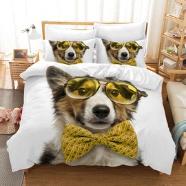 Leleyouzer Dog Bed Linen Set, Dog Pattern Bed Linen for Boys Girls Teenagers, 1 x Microfibre Duvet Cover with Zip and 2 x Pillowcases 50 x 75 cm (D3, 135 x 200 cm)