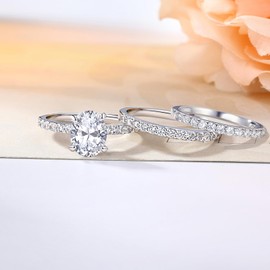 AONED Wedding Ring Engagement Ring For Women Fake Engagement Wedding Cubic Zirconia Oval Cz Ring For Women Silver Faxu Engagement Ring Set Wedding Bridal Sets Promise Rings For Her 3pcs, Size 8.5