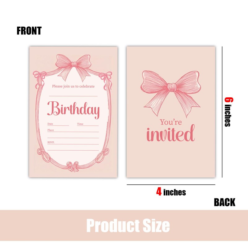 Putocopic Pink Bow Birthday Invitations Girl, Pink Bow Party Fill