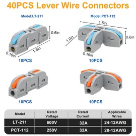Linkstyle 40PCS 3 Way T Tap Wire Connectors, Quick Lever Electrical Wire Connectors, 1 Conductor Compact Splice Splitter for 24-12 AWG, DIY Automotive & Household Wiring