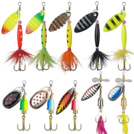 Fishing Lures Spinner Baits Kit, 10pcs Inline Spinnerbait with Rooster Feather Treble Hooks Spoon Lures for Bass Salmon Trout Hard Metal Spinner Baits with Tackle Box