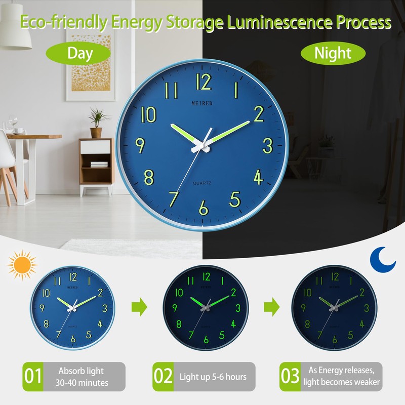 MEIRED Night Light Wall Clock 12 Inch Silent Non Ticking