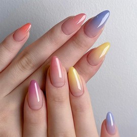 24 Pcs Ombre Press on Nails Short Almond Nail Tips,YEFIUO Summer Acrylic Nail Kit Colorful French Fake Nails Press ons Glue on Nails Full Cover Reusable False Nails Strong Jelly Glue Tool for Ma'am