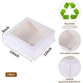 PFAMKEER 24 pcs12x12x3 Inch Bakery Boxes with Window, White 12 inch Cake Pastry large Pie Cookie Box for Dessert,strawberry,Chocolates Boxes