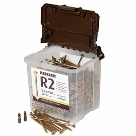 Reisser 9221425PB R2 Pozi Yellow Coated Woodscrew 1600-Pieces in Tub with 2 PZD Bits, 4 mm Diameter x 25 mm Length
