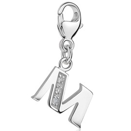 MATERIA M Alphabet Letter Charms 925 Silver with 3 Zirconia Stone for Charm Bracelet / Necklace, #C63