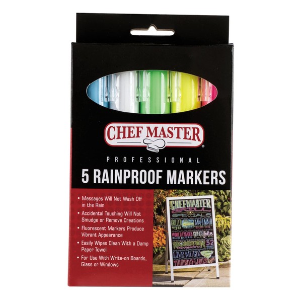 Chef-Master 90032 Waterproof Markers | 5 Different Vibrant Colors | Safe for Use on Outdoor Menu Signs | Smudge-proof & Rainproof Marker Pens | Easily Cleans with a Damp Cloth