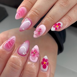 3D Flower Press on Nails Short Almonds Fake Nails with Ripple Design Pink Glossy Acrylic Nails Cute Floral False Nails Spring Summer Stick on Nails Full Cover Glue on Nails for Women Manicure 24Pcs
