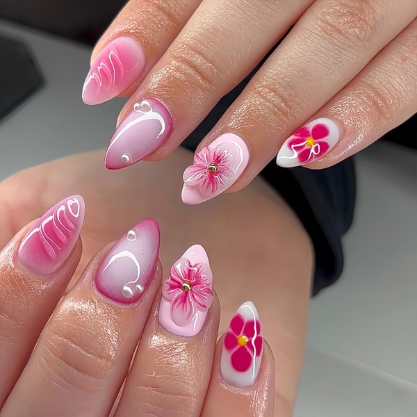 3D Flower Press on Nails Short Almonds Fake Nails with
